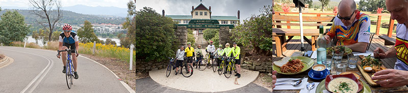 A panel of three photographs illustrating different types of custom cycling tours. Left photo shows a lone cyclist climbing Mt Pleasant with the city of Canberra and the Brindabella Ranges in the background. The centre photo shows a group of 7 recreational cyclists who have just achieved their dream of cycling up Victoria’s Mt Buffalo, Mt Buffalo Chalet is in the background. Right photo shows a private tour for a group of three friends enjoying a gourmet lunch at a café beside a rail trail.